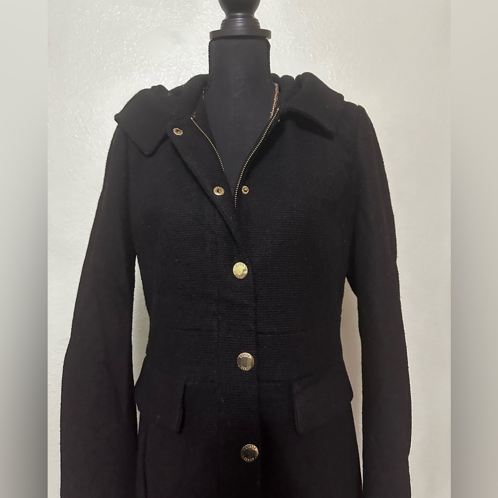 Gold Buttoned, Black Zip-up, Pea Coat Jacket